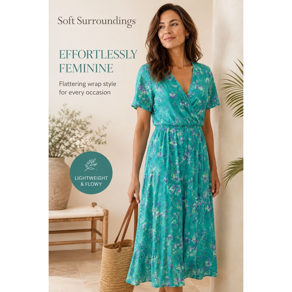 Soft Surroundings Floral Faux Wrap Midi Dress Teal Bloom Short Sleeve Medium